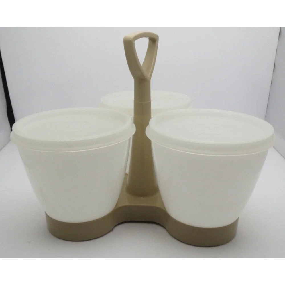 Tupperware 3 Condiment‎ Caddy Server Set with Tupper Seal Lids Tan 758 Vintage